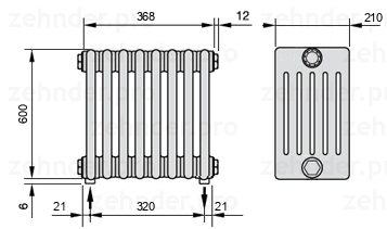 Схема (чертеж) Радиатор Zehnder Charleston 6060/8 №3570 Белый глянцевый RAL 9016